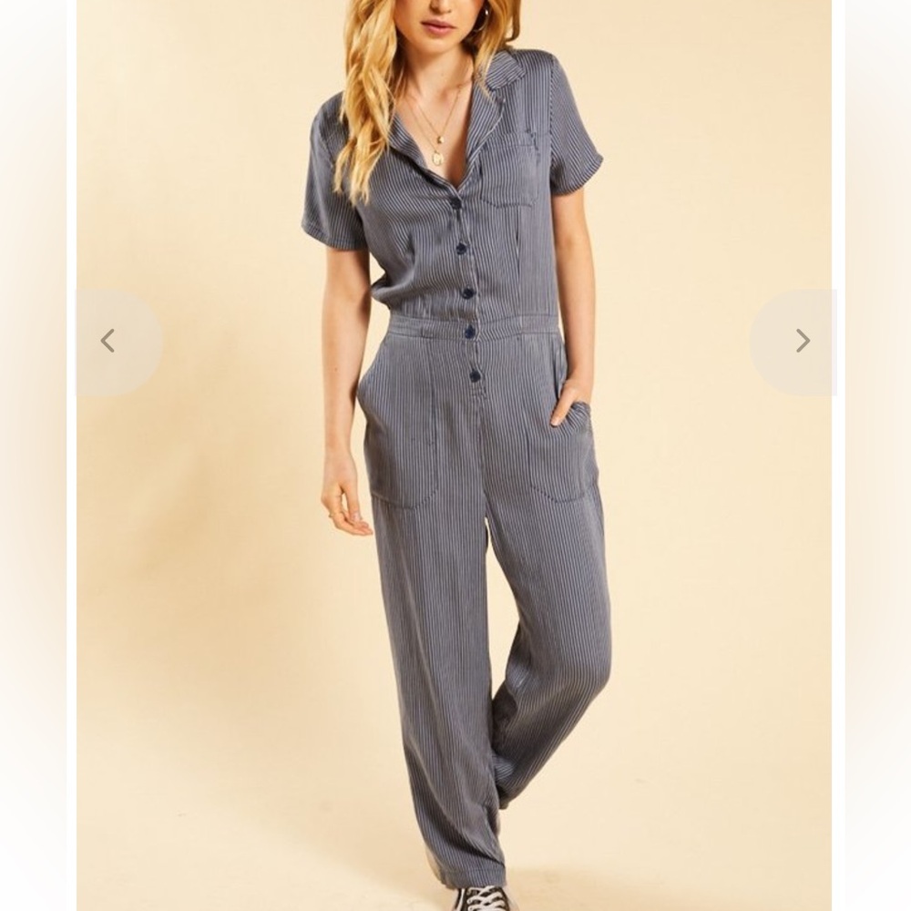 LACAUSA Montana Navy Blue Railroad Stripe Jumpsuit Nautical Short Sleeve Sz S